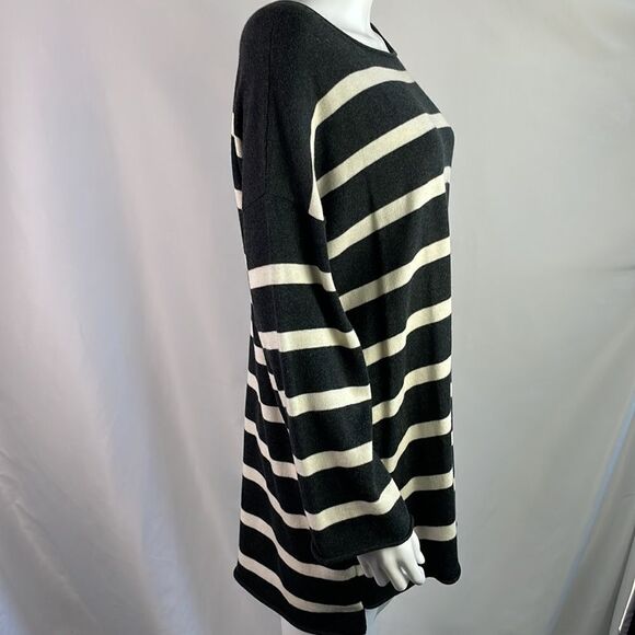 Eileen Fisher Black Cream Striped Tunic Sweater - Picture 2 of 6